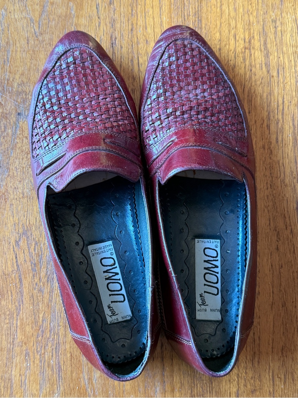 Vintage Italian Woven Leather Loafers Burgundy - Fits Size 45